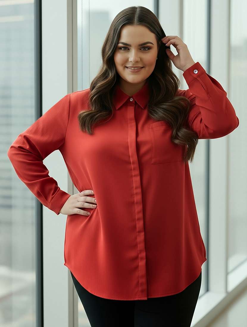 women plus size solid collared long sleeve shirt