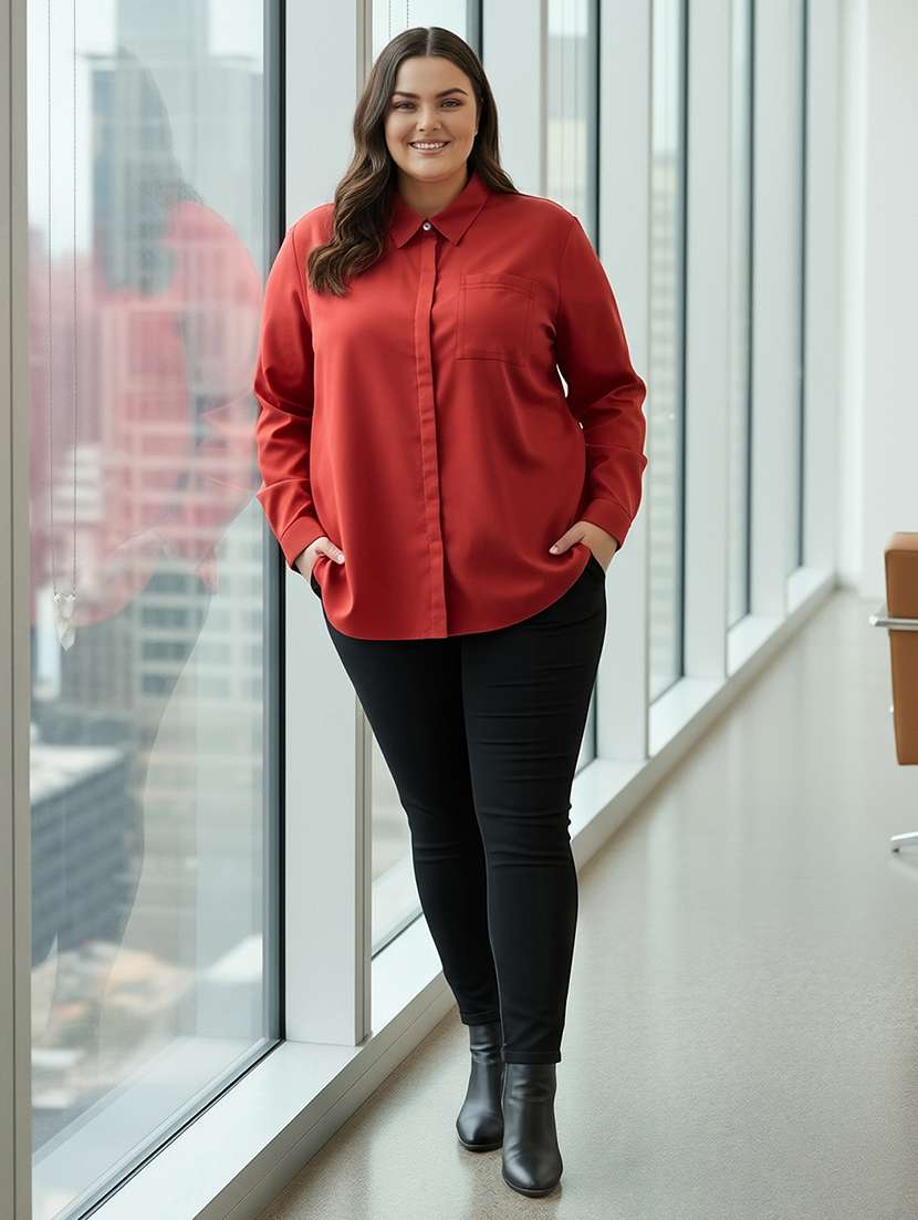 women plus size solid collared long sleeve shirt - 22270469 -  Standard Image - 3