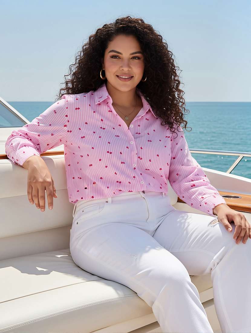 women plus size printed collared long sleeve shirt