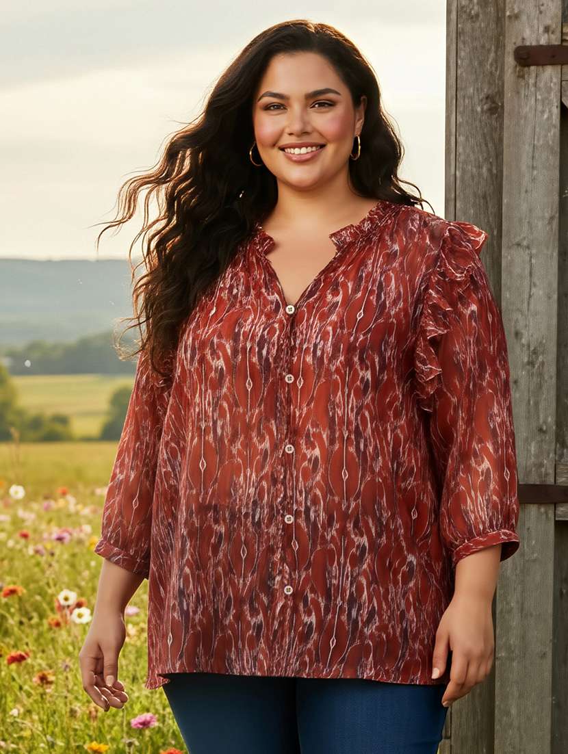women plus size printed collared puff sleeve shirt