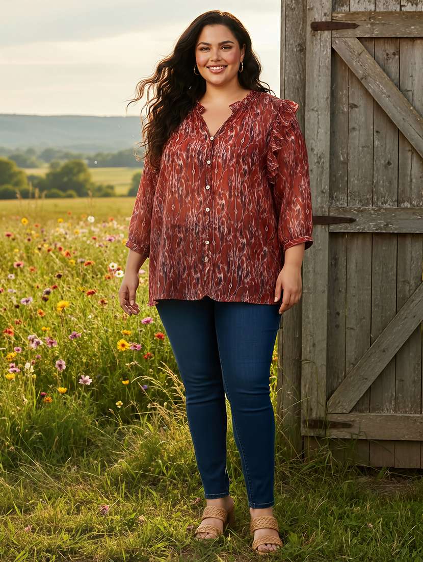 women plus size printed collared puff sleeve shirt - 22270472 -  Standard Image - 3