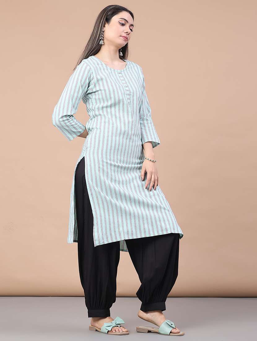 women striped three quarter sleeve straight kurta - 22270930 -  Standard Image - 3