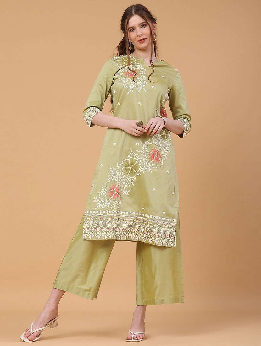 women solid with work three quarter sleeve kurta palazzo set