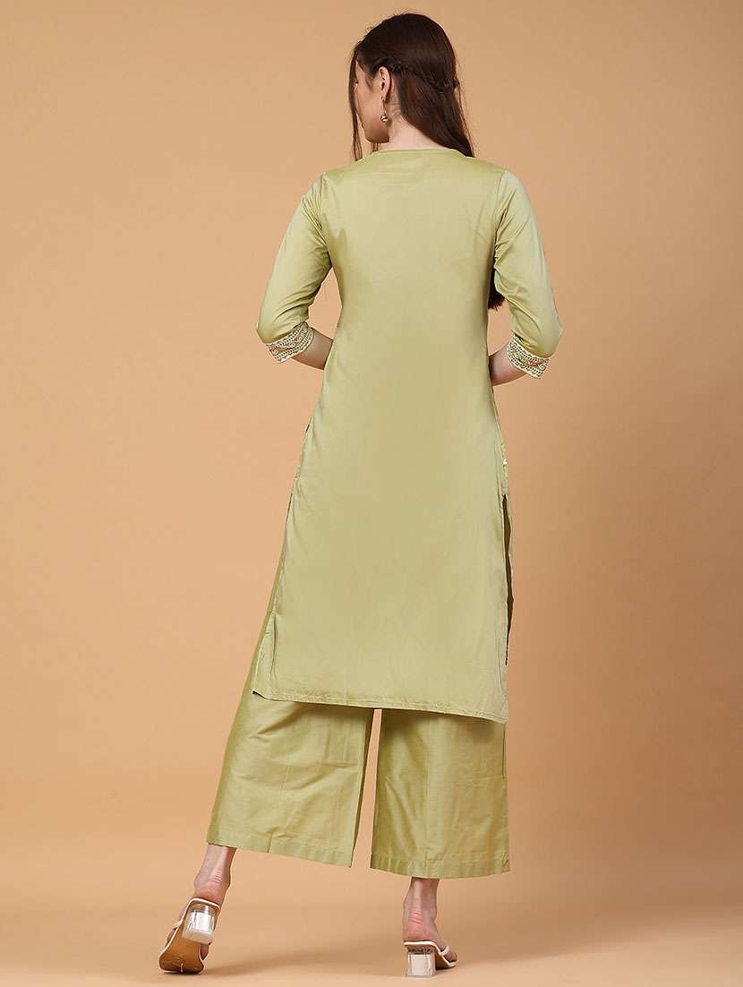 women solid with work three quarter sleeve kurta palazzo set - 22271252 -  Standard Image - 3