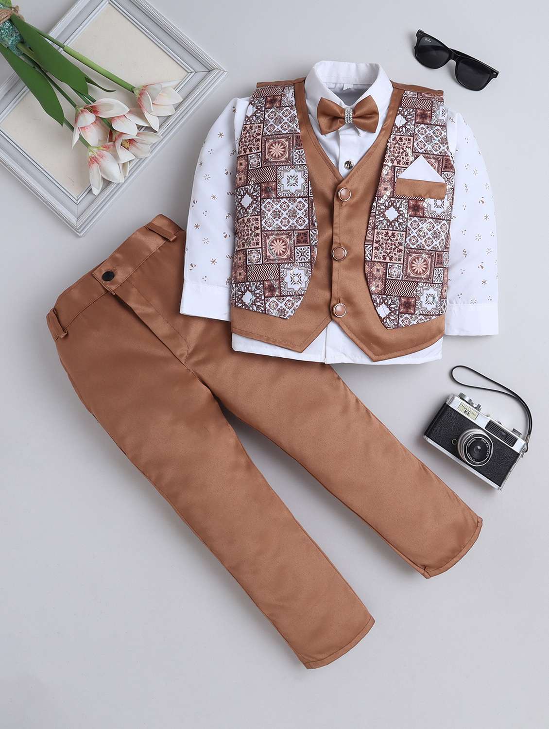 boys printed waistcoat and trouser with shirt set