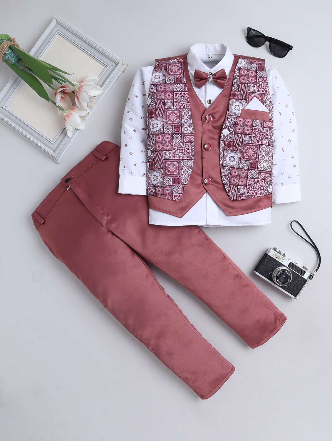 boys printed waistcoat and trouser with shirt set
