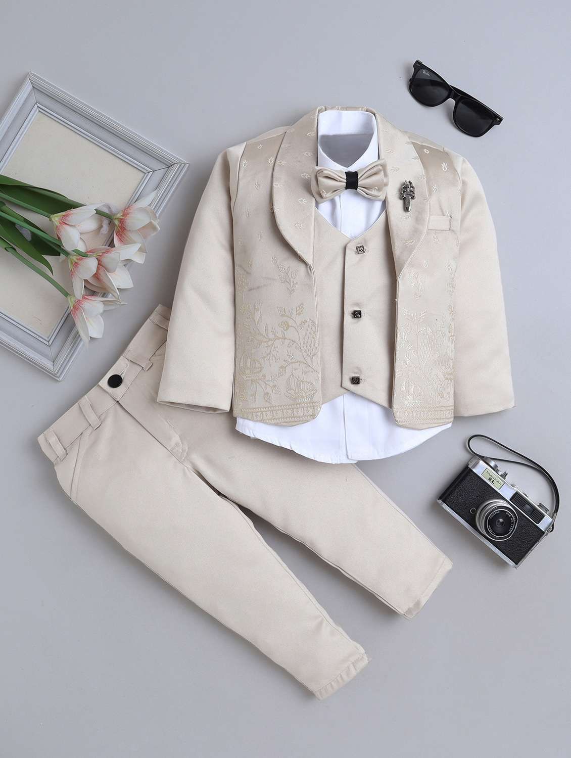 boys printed blazer and trouser with shirt set