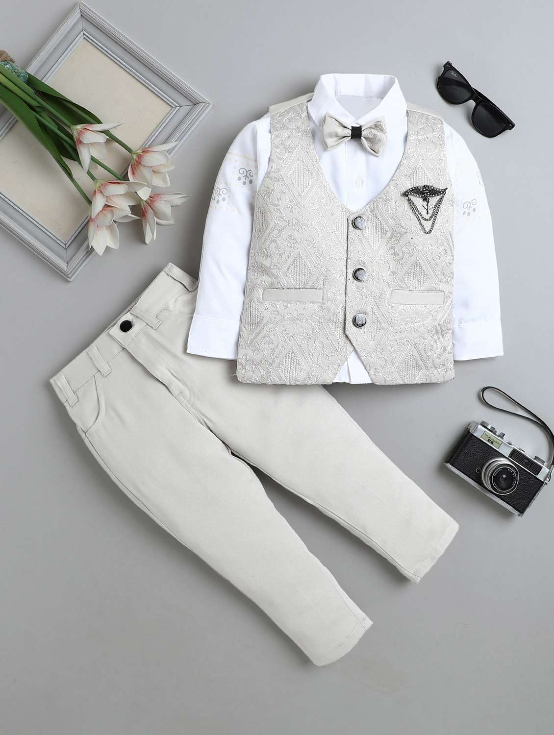 boys printed waistcoat and trouser with shirt set