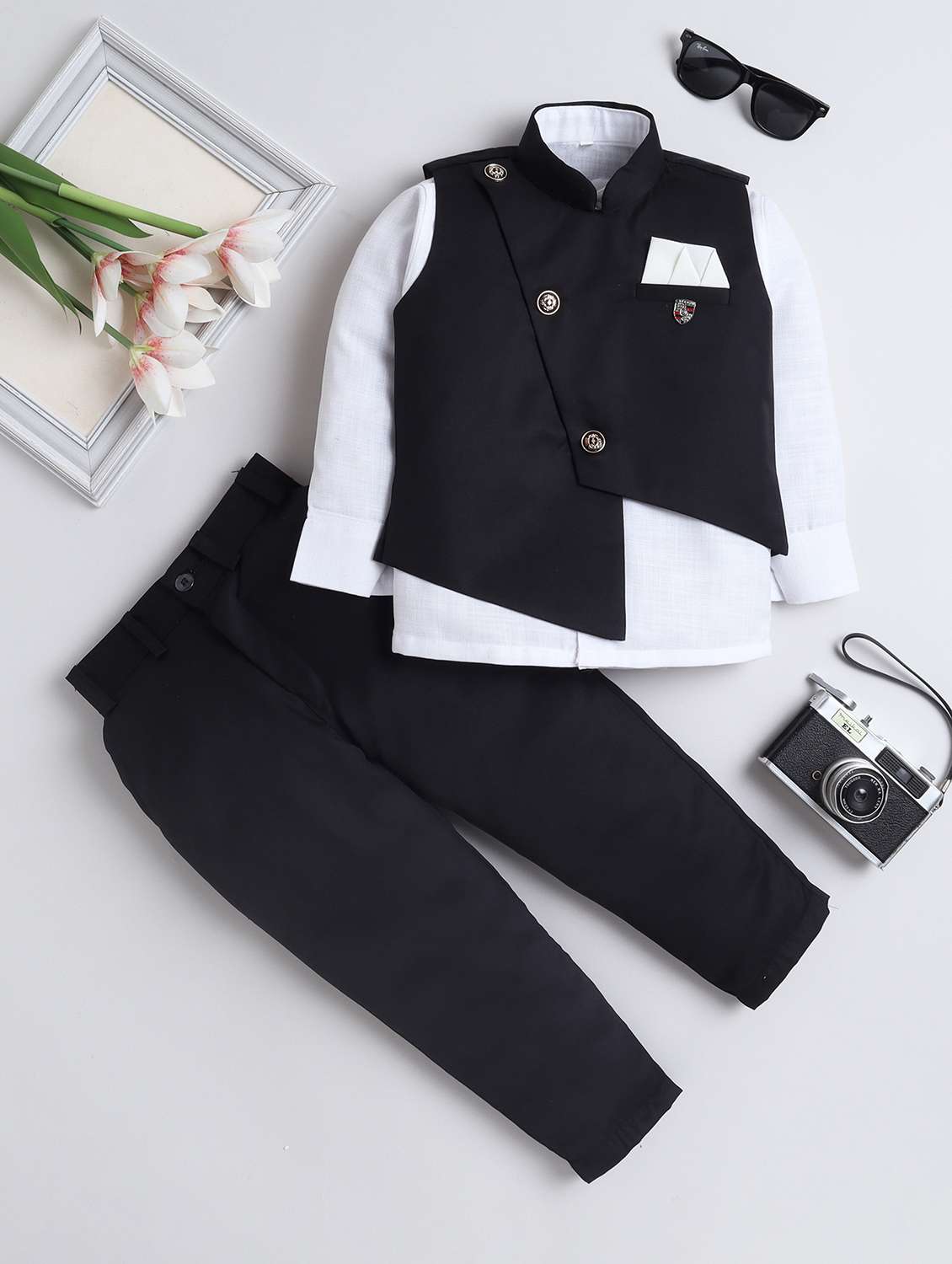 boys solid waistcoat and trouser with shirt set