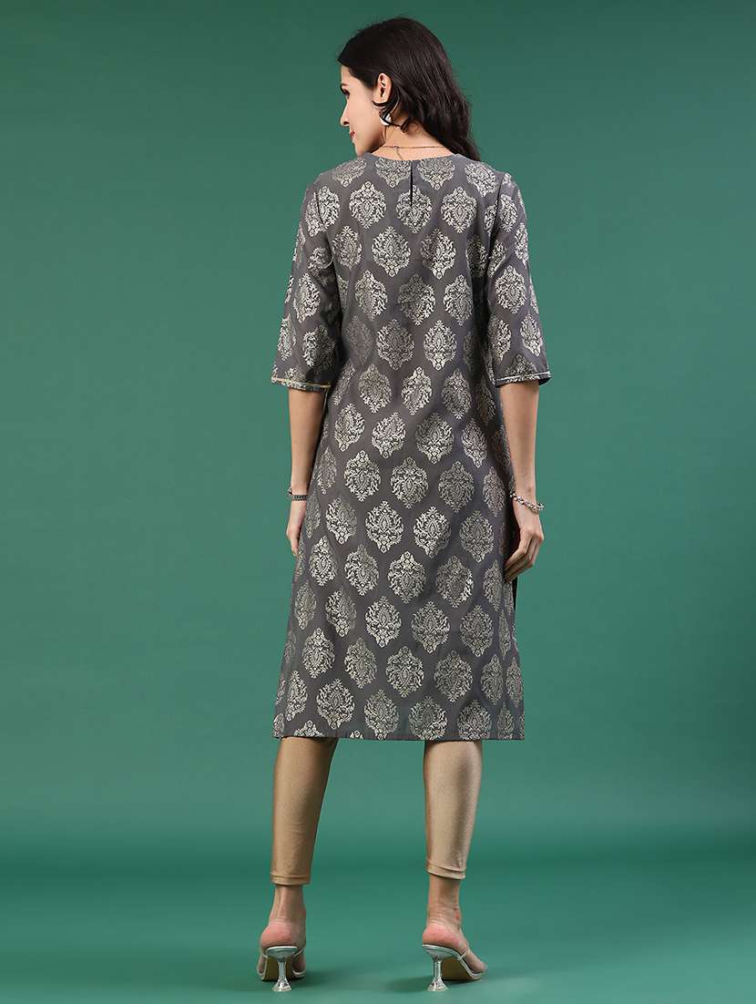 women solid with work three quarter sleeve kurta - 22271713 -  Standard Image - 5