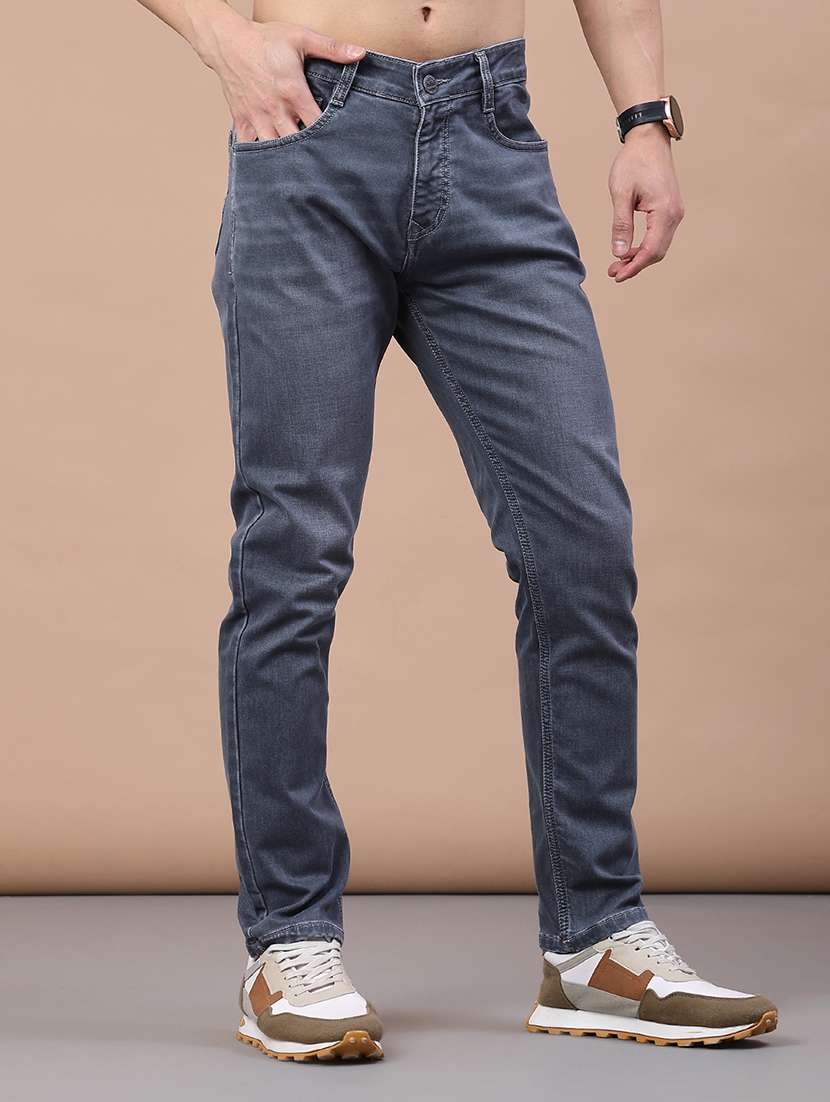 men washed mid rise full length jeans
