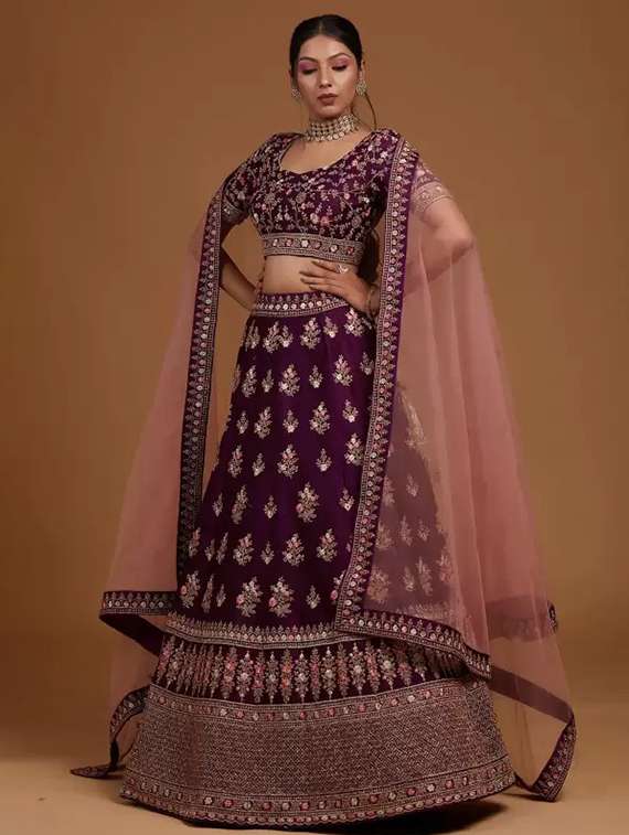 women solid with work semi stitched flared lehenga