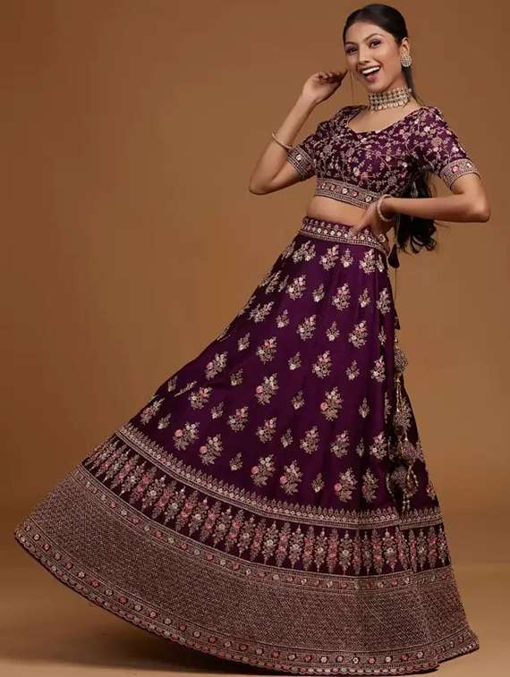 women solid with work semi stitched flared lehenga - 22271922 -  Standard Image - 5