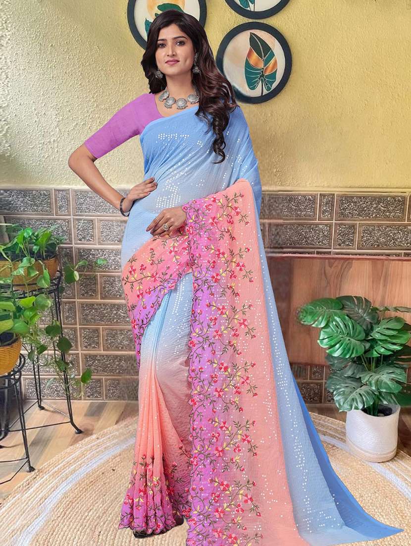 women ombre embroidered saree with blouse