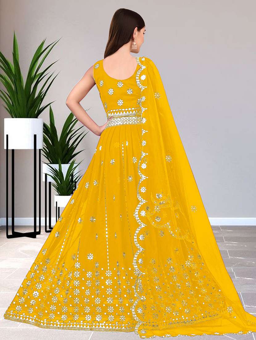 women solid with work semi stitched flared gown - 22271941 -  Standard Image - 3