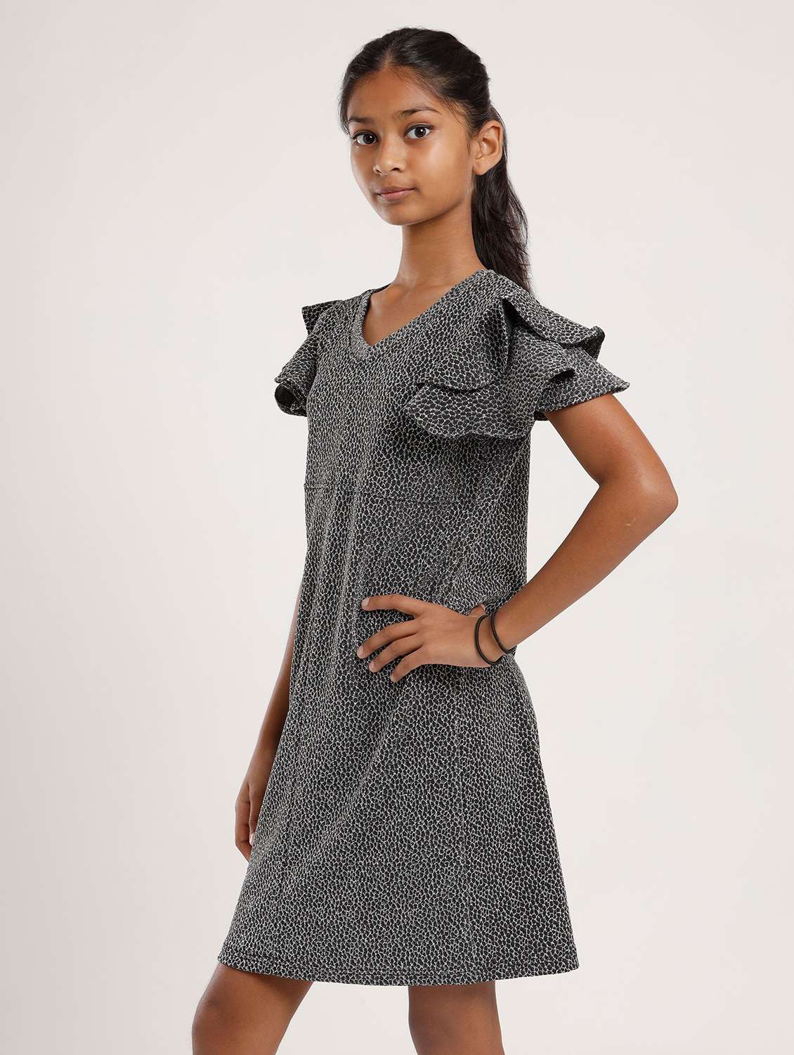 girls self designed flared sleeve a-line dress