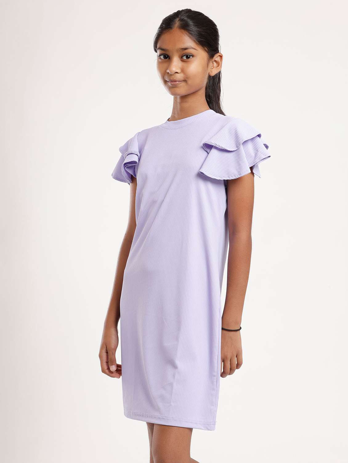 girls solid flared sleeve a-line dress