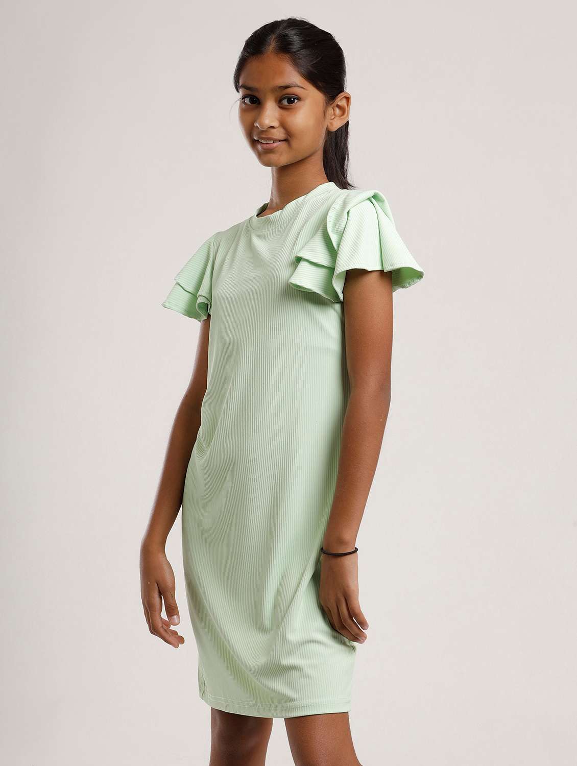 girls solid flared sleeve a-line dress