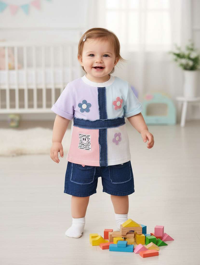 girls colourblocked round neck top and shorts set 