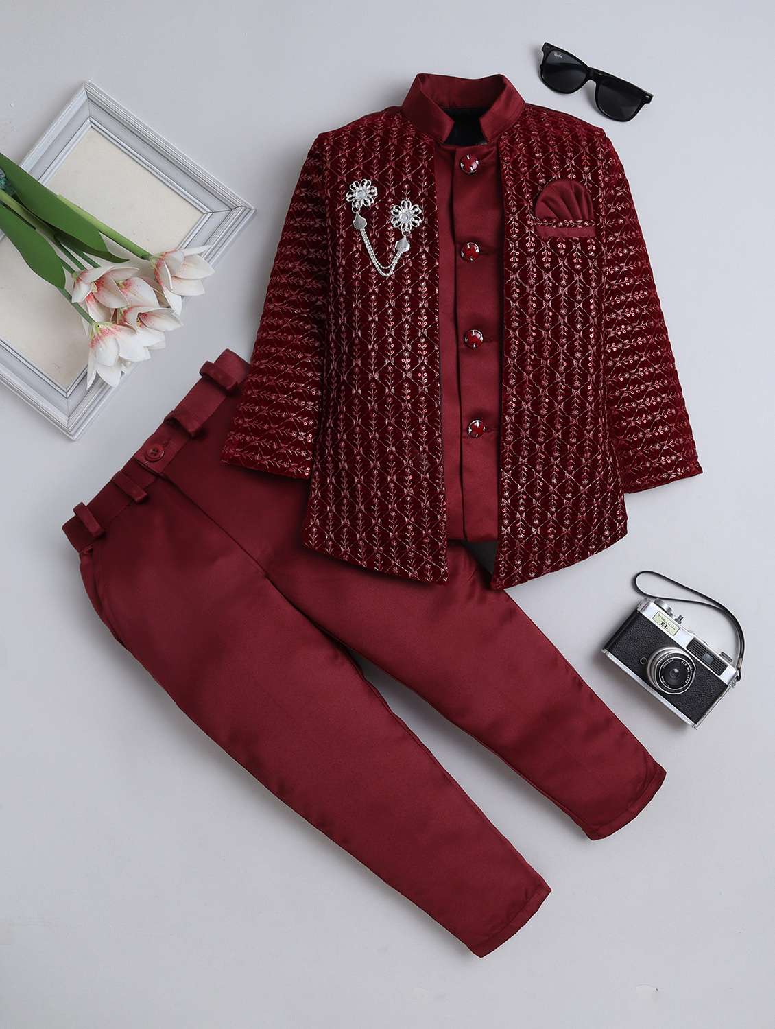 boys embroidered long sleeve sherwani set