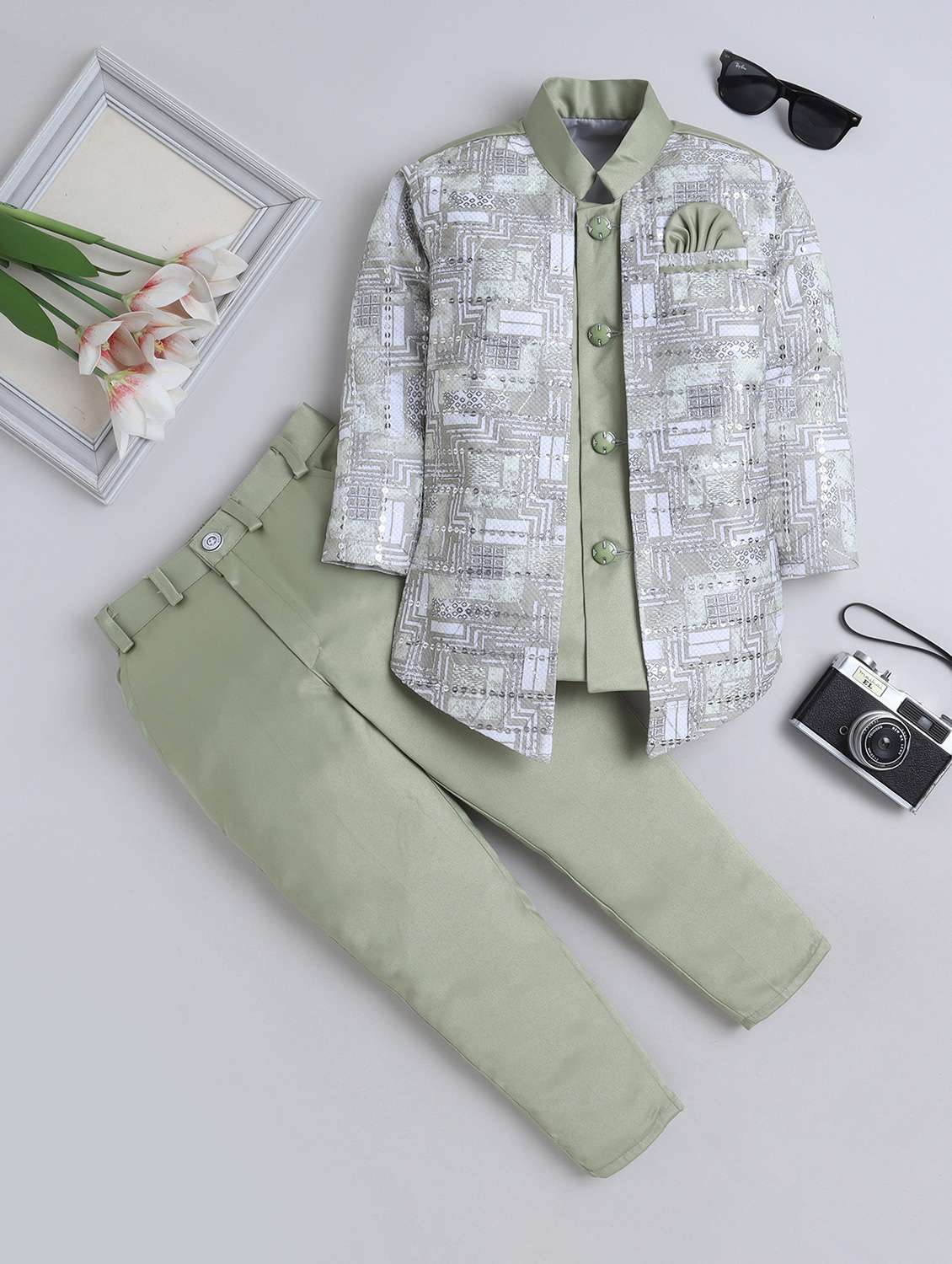 boys printed long sleeve sherwani set