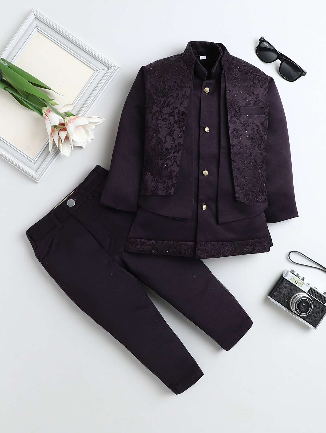 boys embroidered long sleeve sherwani set
