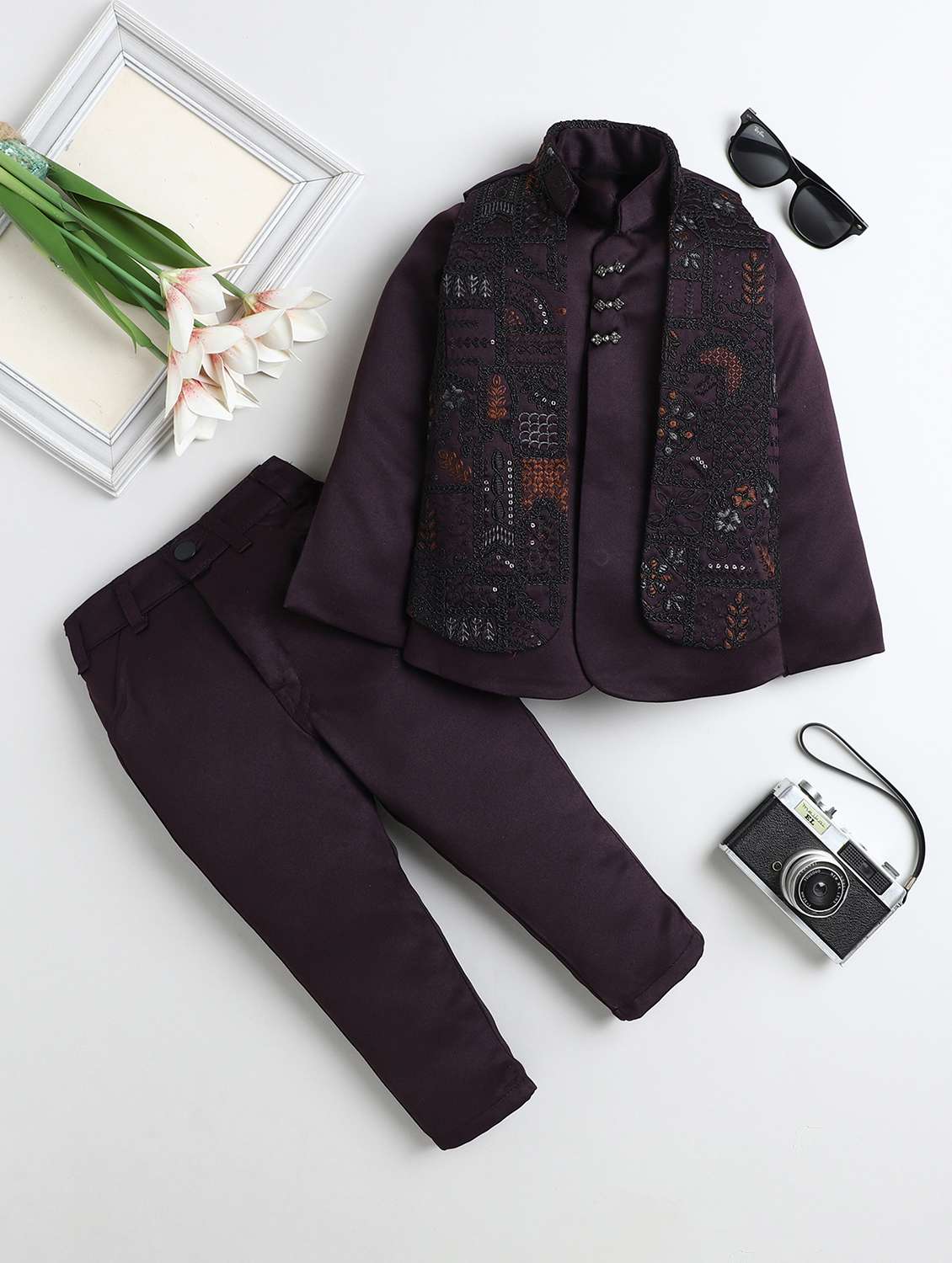 boys embroidered long sleeve sherwani set