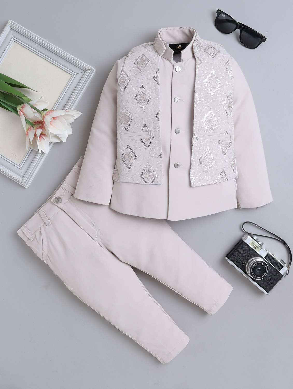 boys embroidered long sleeve sherwani set