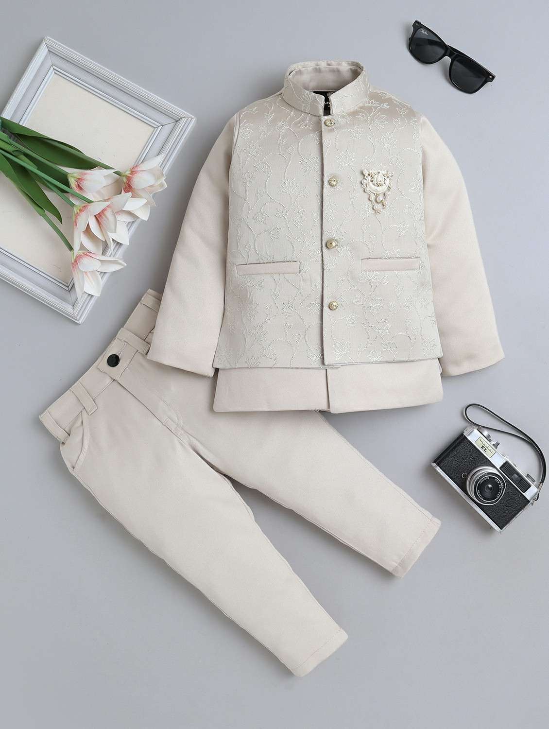 boys embroidered long sleeve sherwani set