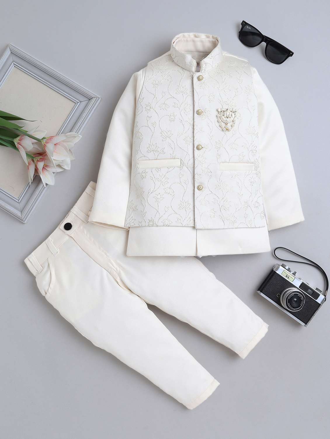 boys embroidered long sleeve sherwani set
