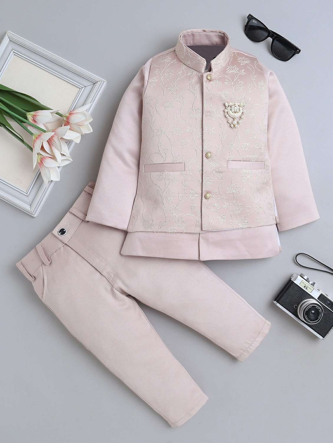 boys embroidered long sleeve sherwani set