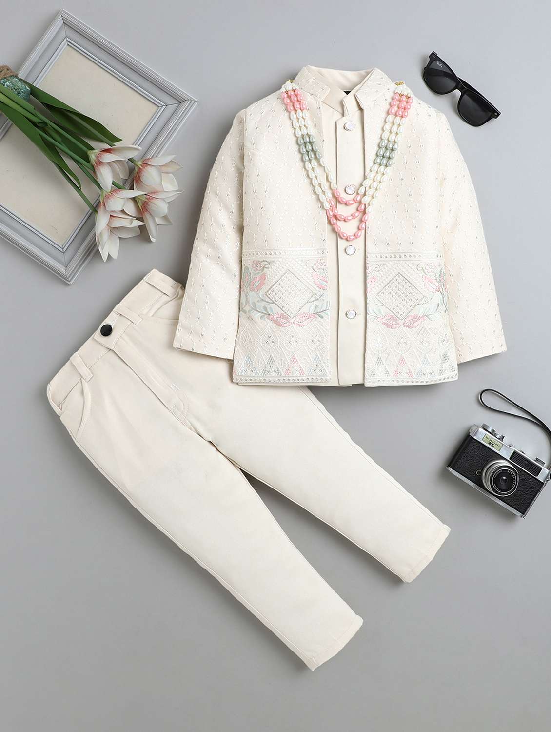 boys embroidered long sleeve sherwani set