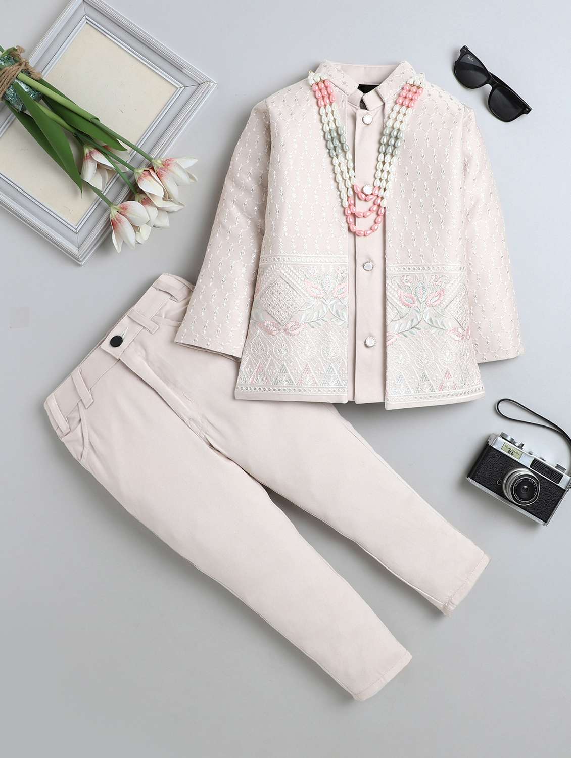 boys embroidered long sleeve sherwani set