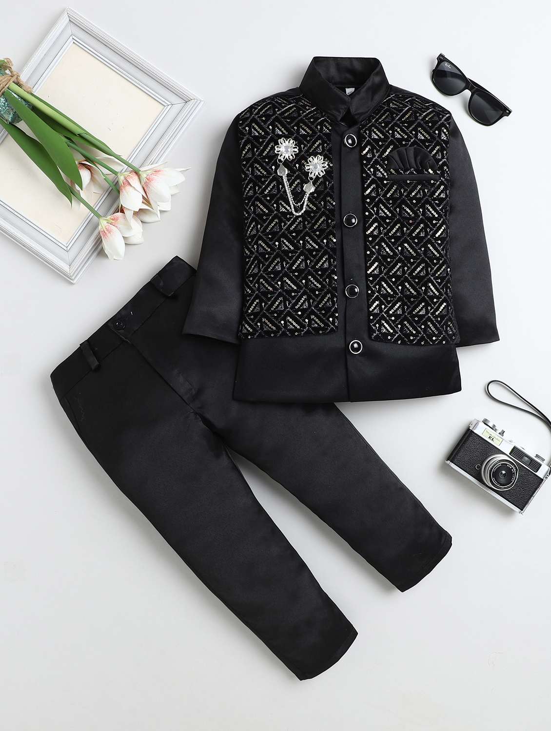 boys embroidered long sleeve sherwani set