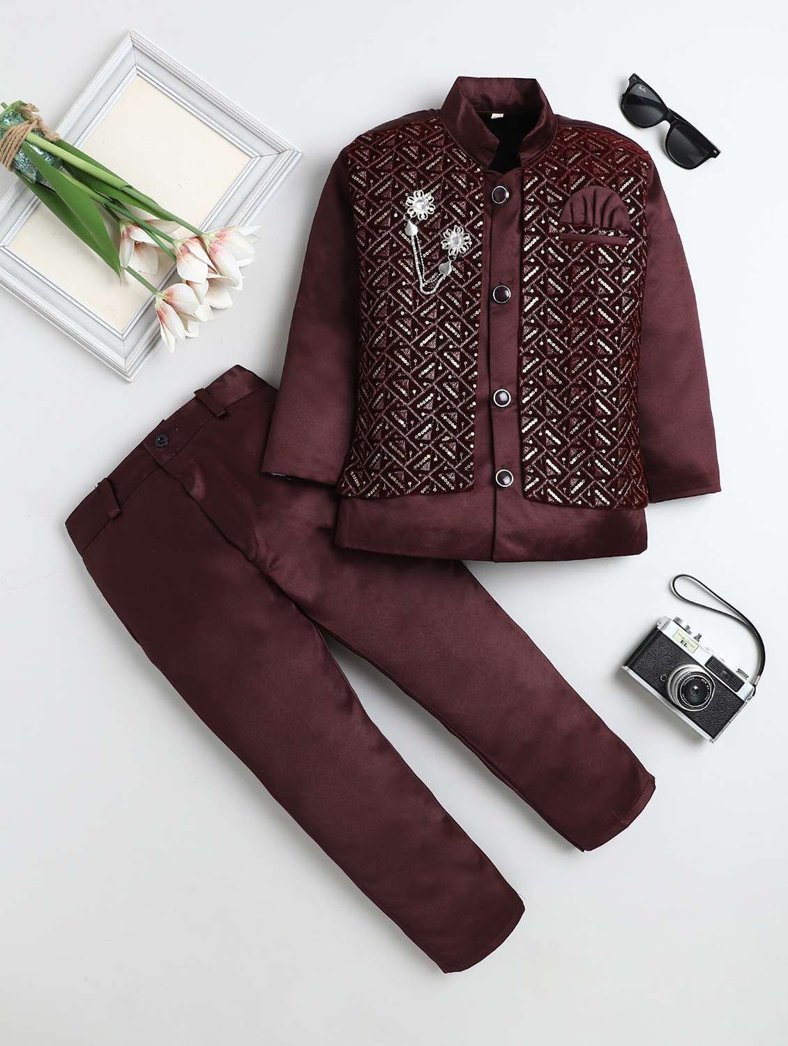 boys embroidered long sleeve sherwani set