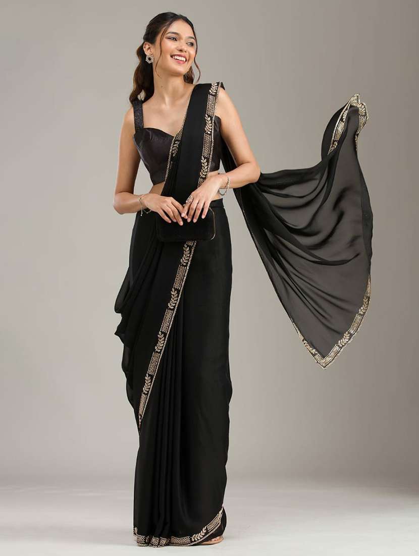 women solid with embellished bordered saree with blouse