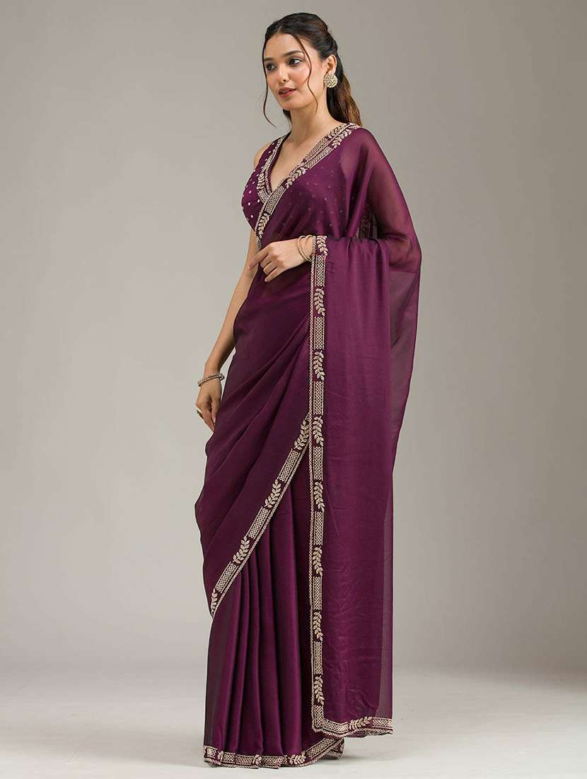 women solid with embellished bordered saree with blouse - 22272750 -  Standard Image - 3