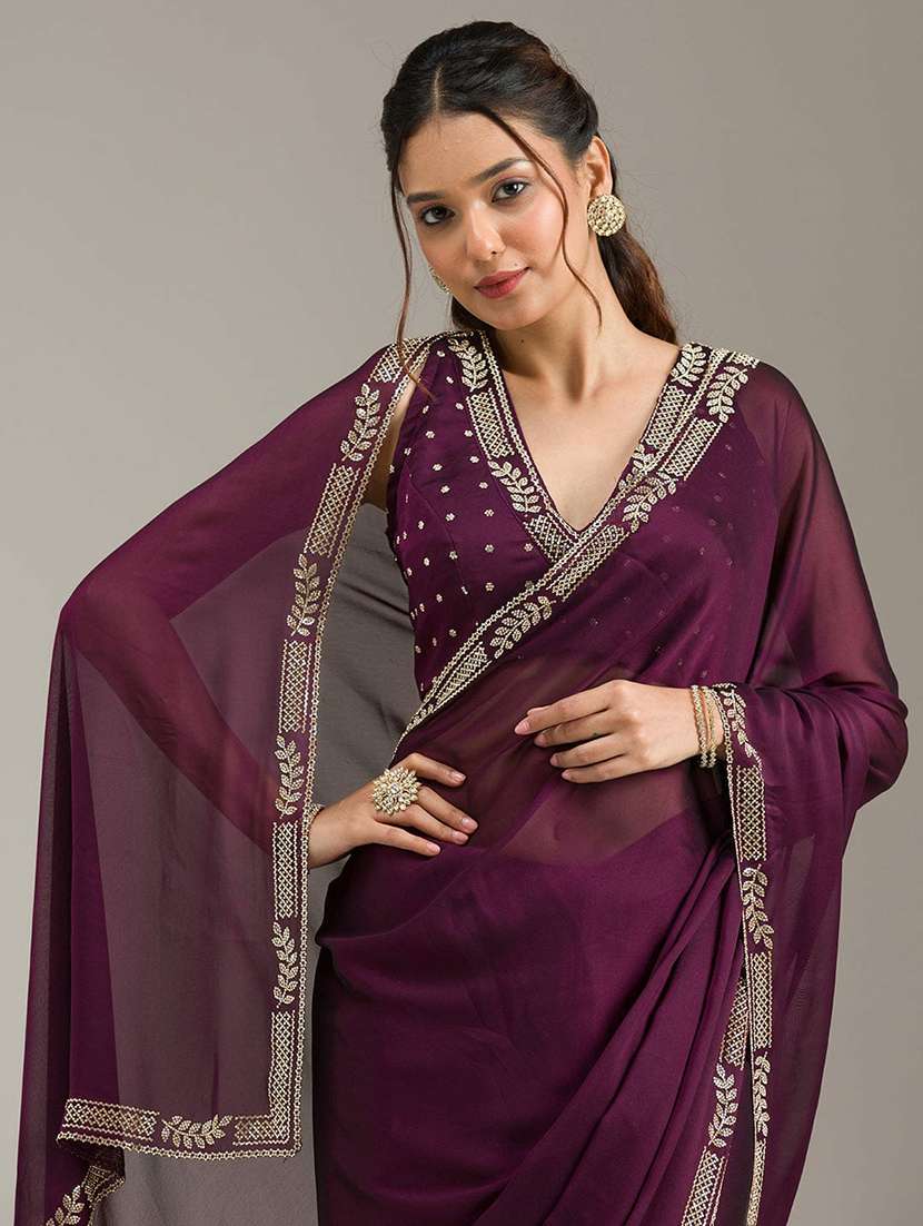 women solid with embellished bordered saree with blouse - 22272750 -  Standard Image - 5