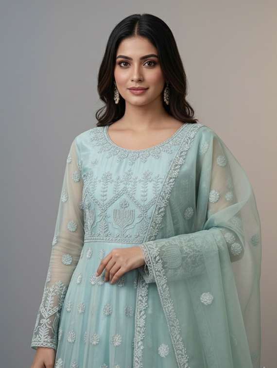 women solid with work semi stitched fit & flare gown - 22272890 -  Standard Image - 3