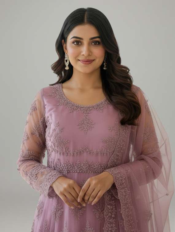 women solid with work semi stitched fit & flare gown - 22272892 -  Standard Image - 3