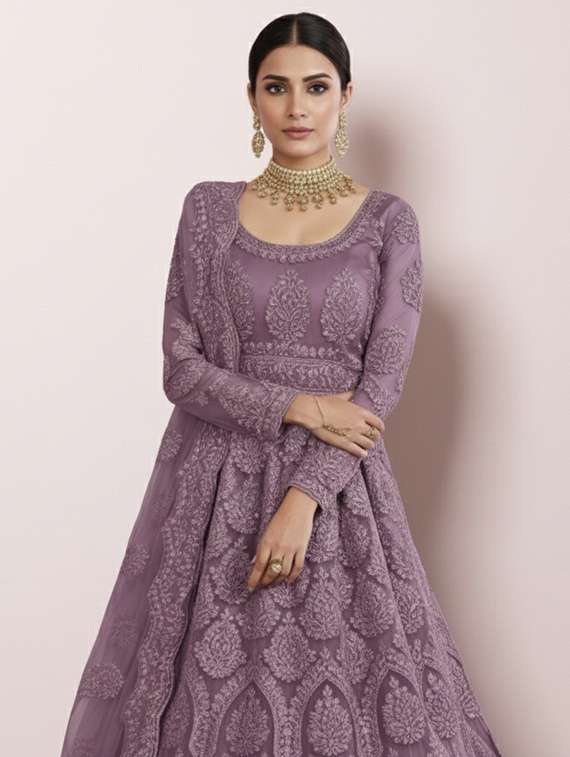 women solid with work semi stitched fit & flare gown - 22272893 -  Standard Image - 3