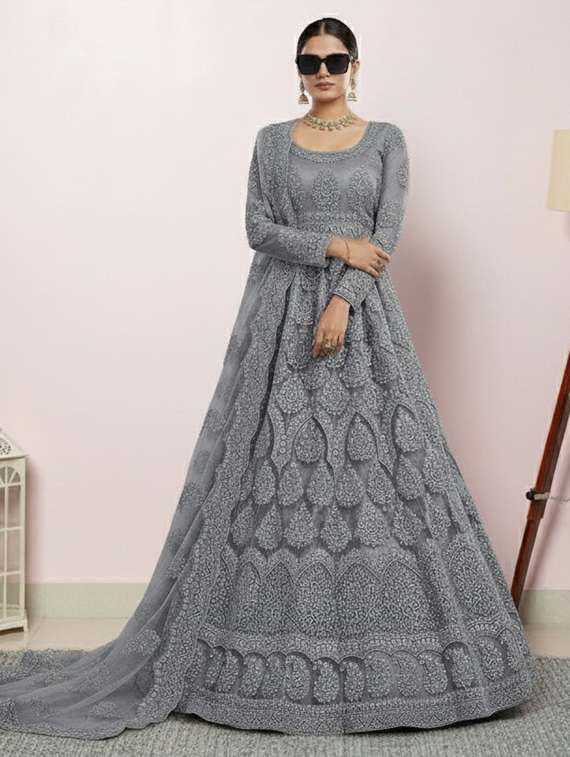 women solid with work semi stitched fit & flare gown