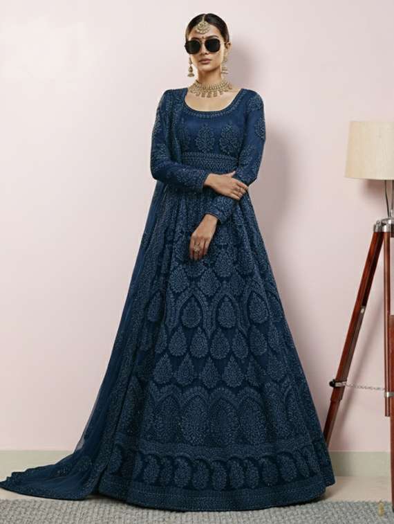women solid with work semi stitched fit & flare gown