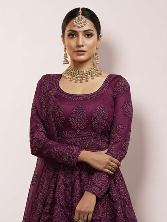 women solid with work semi stitched fit & flare gown - 22272896 -  Standard Image - 3