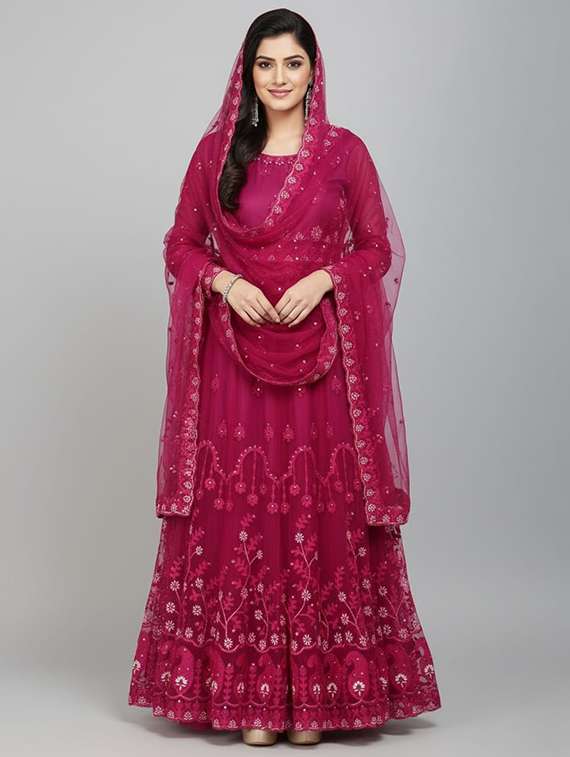 women solid with work semi stitched fit & flare gown