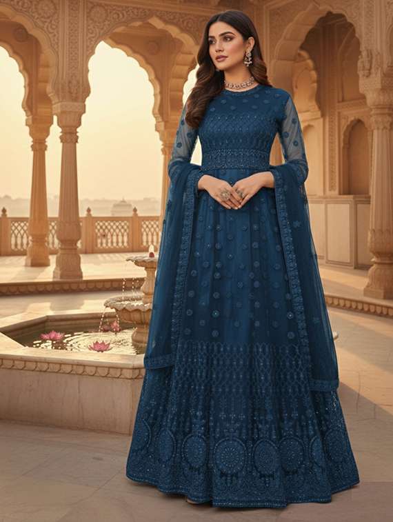 women solid with work semi stitched fit & flare gown