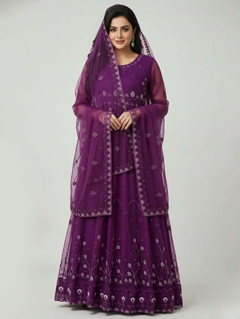 women solid with work semi stitched fit & flare gown