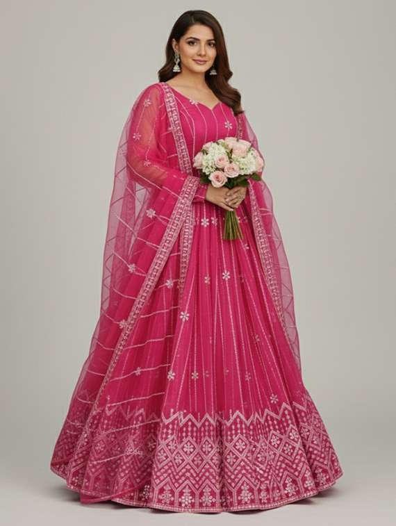 women solid with work semi stitched fit & flare gown