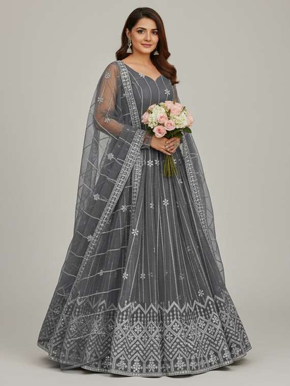 women solid with work semi stitched fit & flare gown