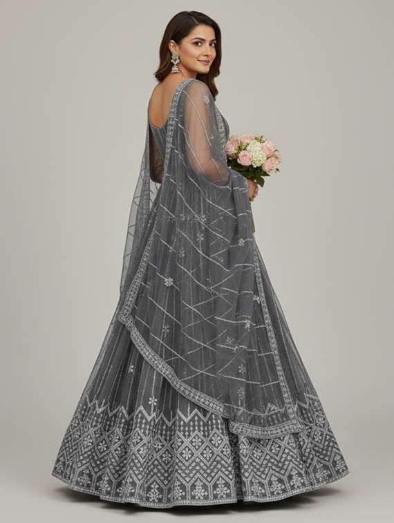 women solid with work semi stitched fit & flare gown - 22272914 -  Standard Image - 3